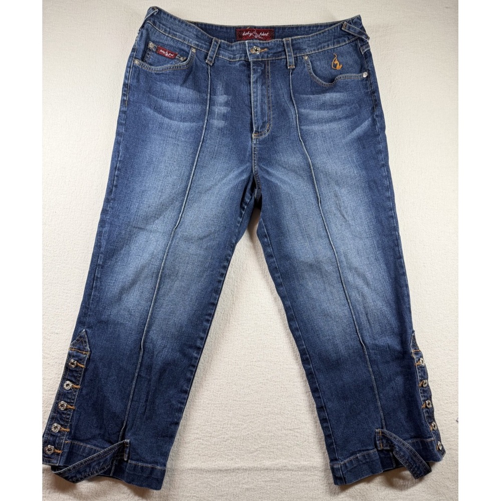 Baby Phat Jeans Women 16W Y2K Embroidered Cat Button Hem Cropped Flare Denim